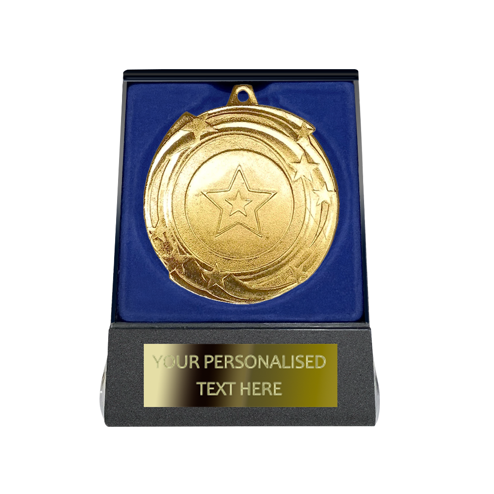 Multi-choice Medal in Blue Flipover Box with Engraved Metal Plate