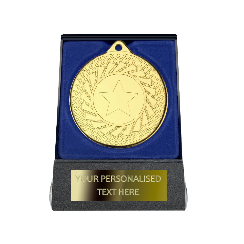 Multi-choice Medal in Blue Flipover Box with Engraved Metal Plate