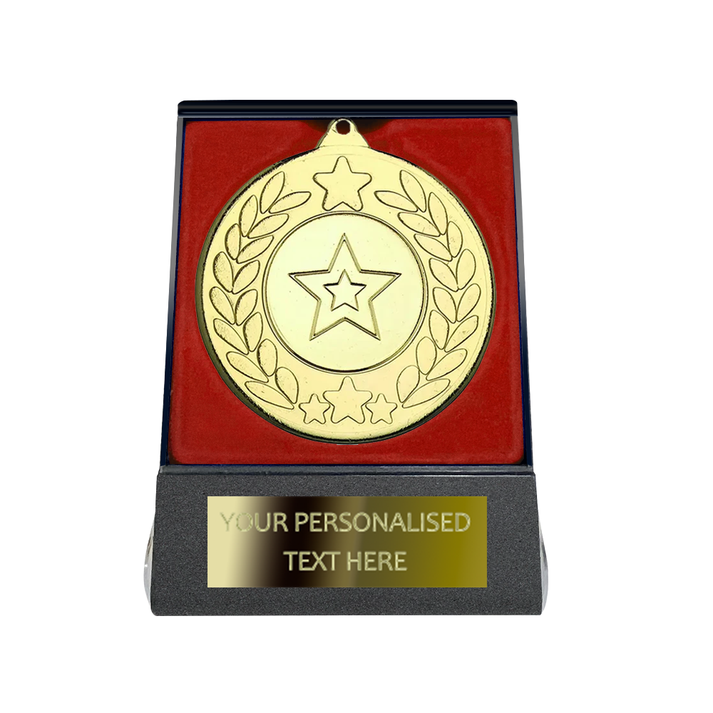 Multi-choice Medal in Red Flipover Box with Engraved Metal Plate