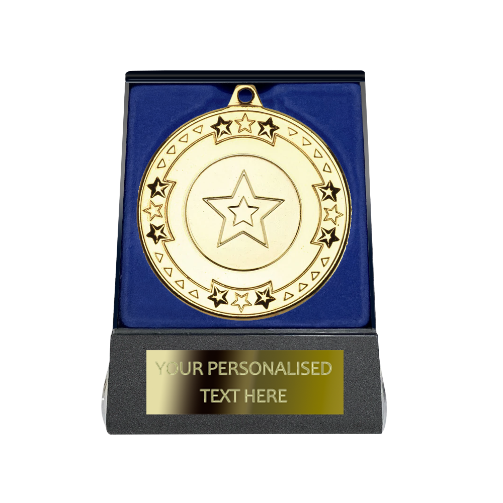 Multi-choice Medal in Blue Flipover Box with Engraved Metal Plate