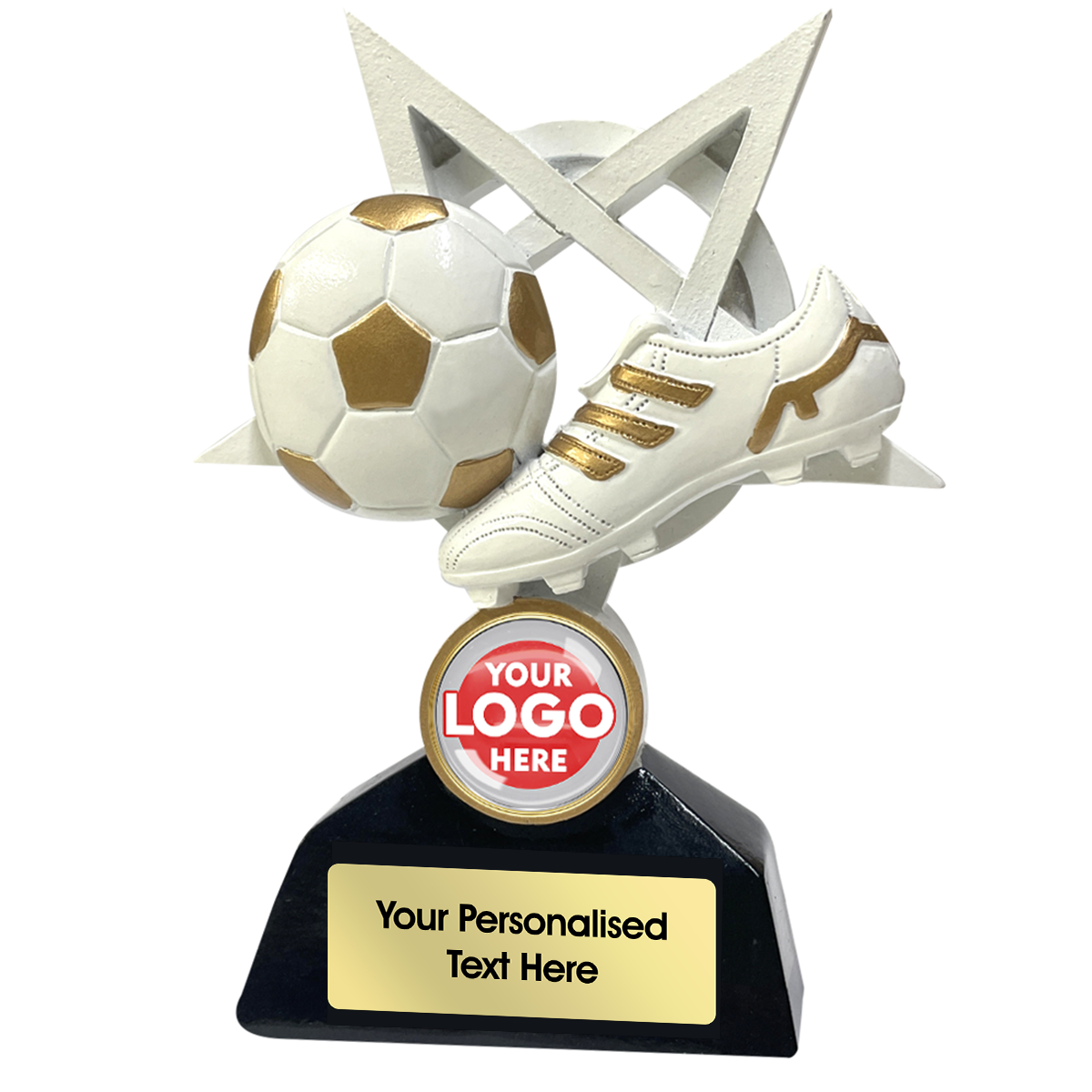 IO - Boot & Ball White & Gold Football Resin Trophy (JR1-RF750A/B/C) BW Trophies
