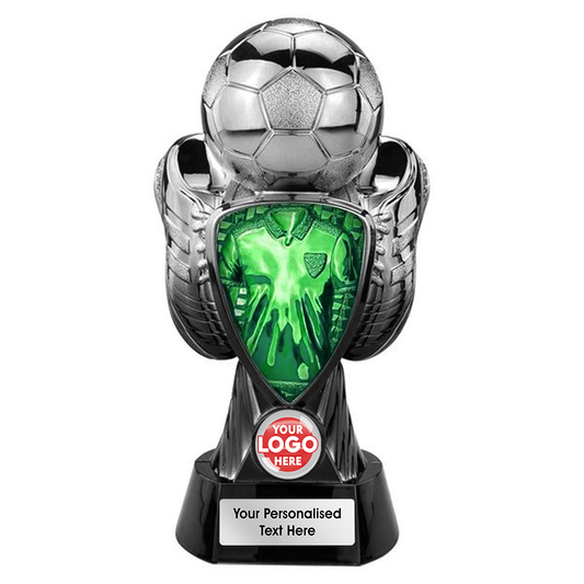 Football Silver Boot & Ball Trophy with Green Shirt Centre (PA26092A/B/C/D/E) BW Trophies
