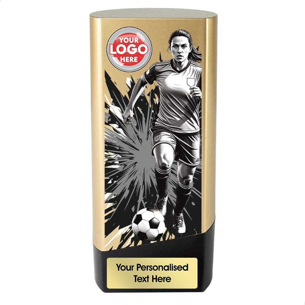Gold & Black Female Footballer Prime Block Trophy (PA26237A/B) BW Trophies