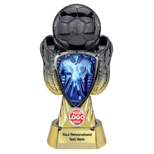 Football Two-Tone Black & Gold Boot & Ball Trophy with Blue Shirt Centre (PX26090A/B/C/D/E) BW Trophies