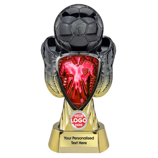 Football Two-Tone Black & Gold Boot & Ball Trophy with Red Shirt Centre (PX26091A/B/C/D/E) BW Trophies