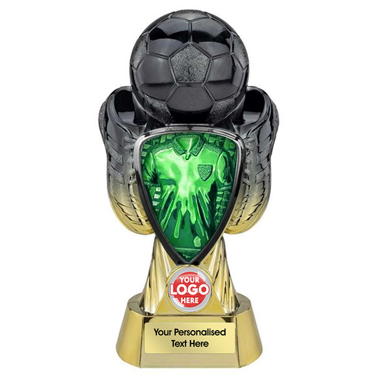 Football Two-Tone Black & Gold Boot & Ball Trophy with Green Shirt Centre (PX26092A/B/C/D/E) BW Trophies