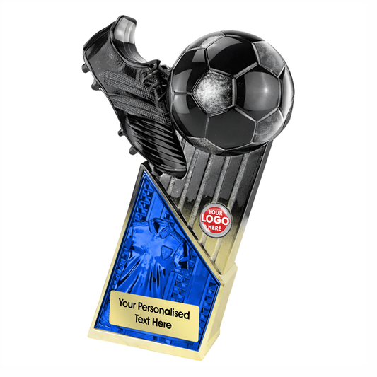 Black & Gold Boot & Ball Trophy with Blue Shirt Centre (PM26082A/B/C/D/E) BW Trophies