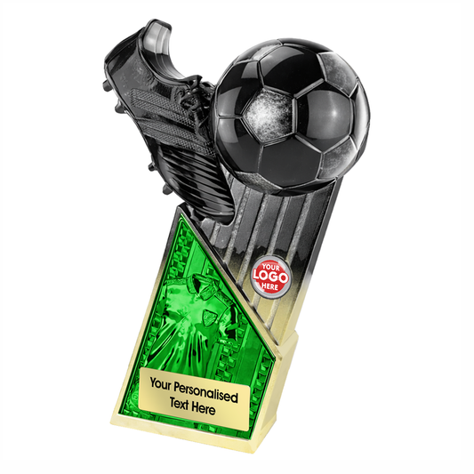Black & Gold Boot & Ball Trophy with Green Shirt Centre (PM26084A/B/C/D/E) BW Trophies