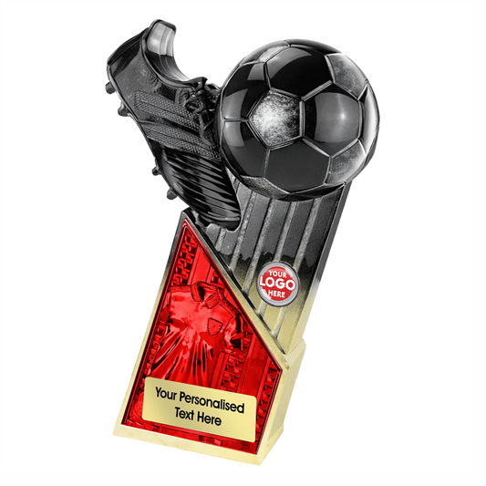 Black & Gold Boot & Ball Trophy with Red Shirt Centre (PM26083A/B/C/D/E) BW Trophies