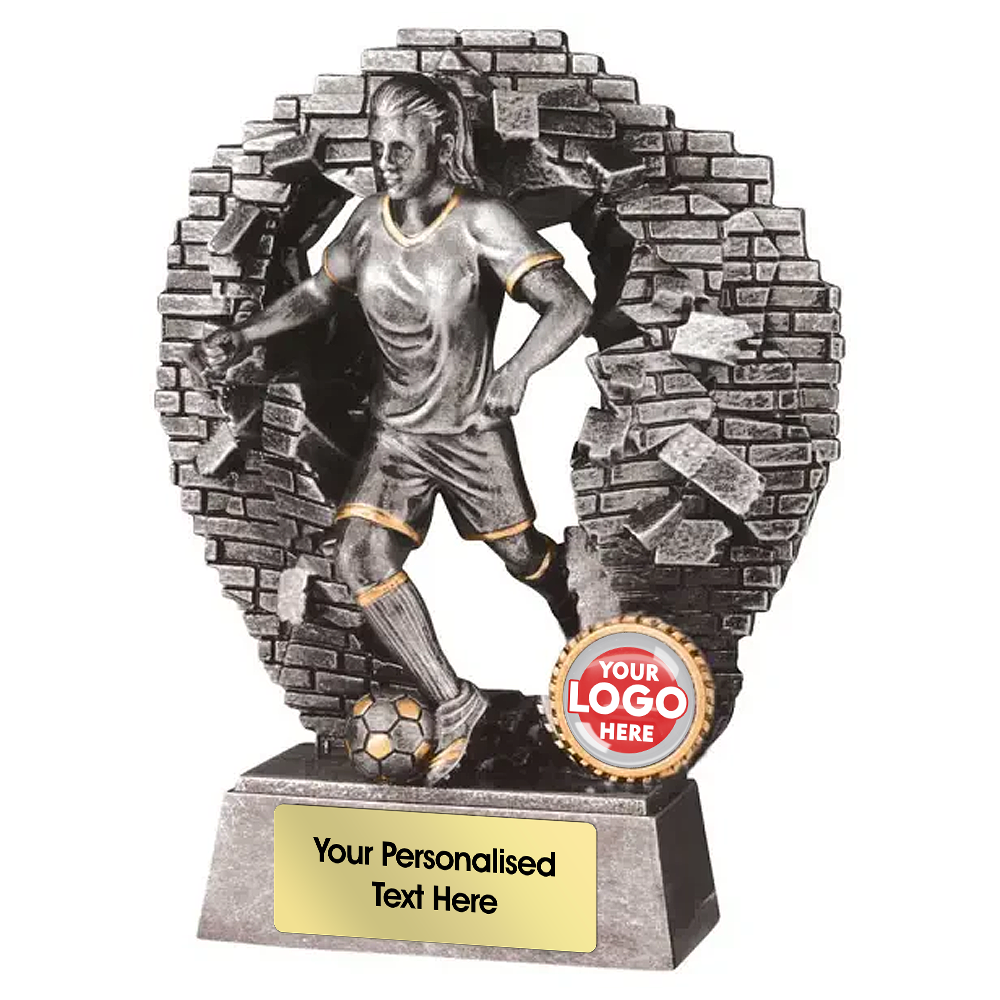 Antique Silver Female Footballer Trophy (RF23090AA/A/B/C) BW Trophies