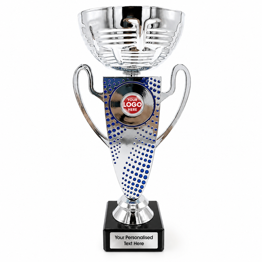 Silver Cup Trophy with Decorative Trim and Embossed Blue Dots