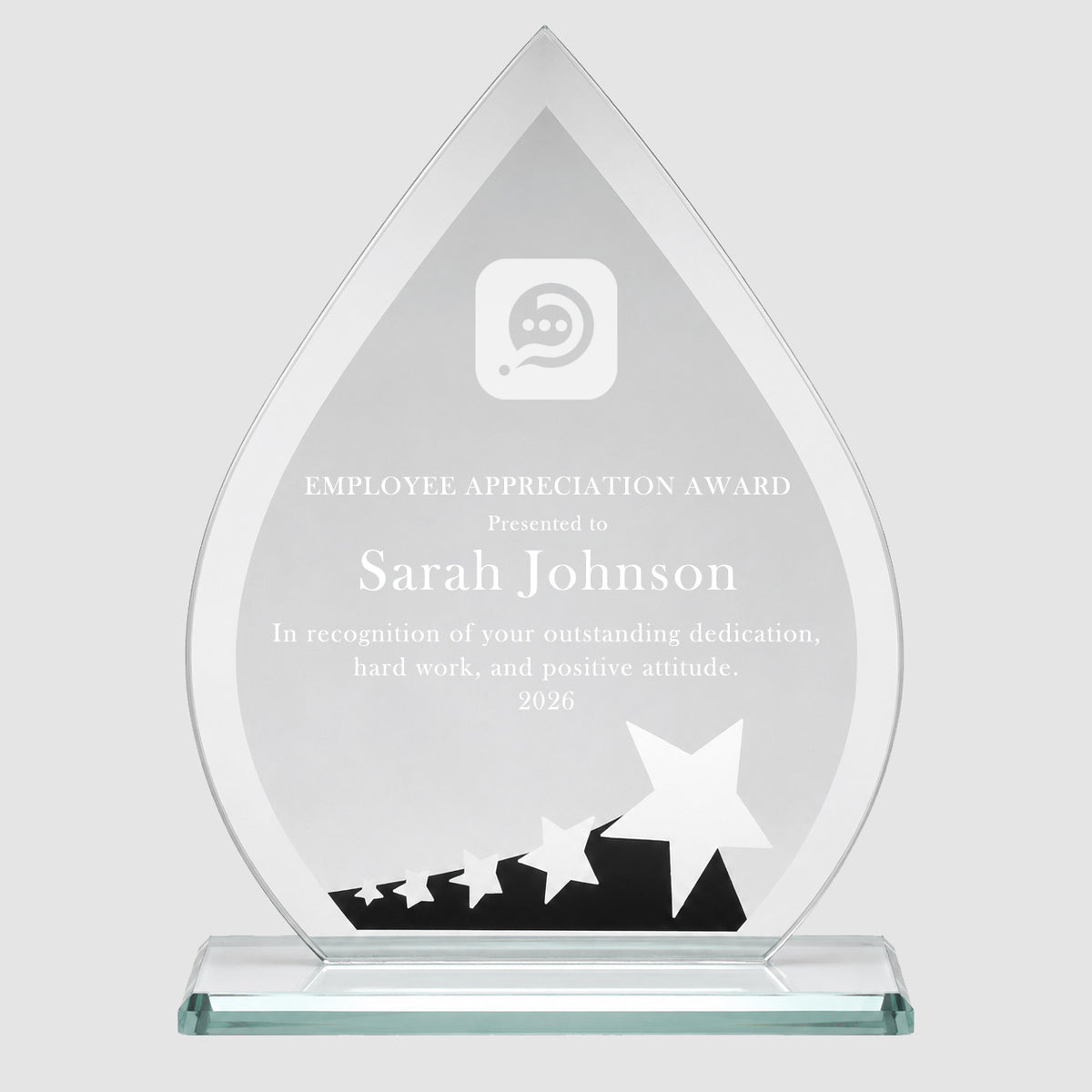 Lasered Teardrop Glass Trophy Award with Personalised Design