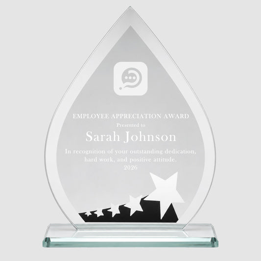 Lasered Teardrop Glass Trophy Award with Personalised Design