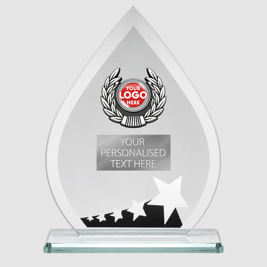 Teardrop Glass Trophy Award with Personalised Design ( JR17-TY166C  Height 203mm)
