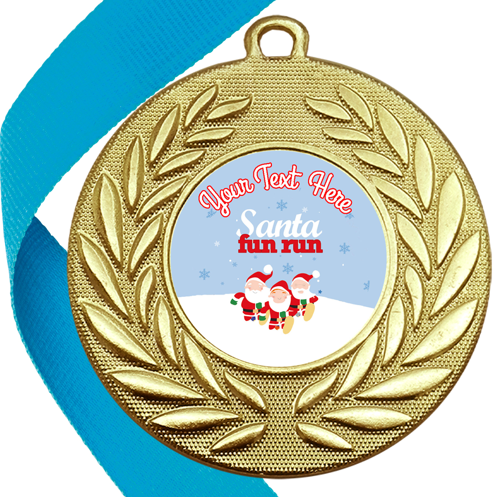 Santa Fun Run Wreath Medals Snow Design Flat Centres
