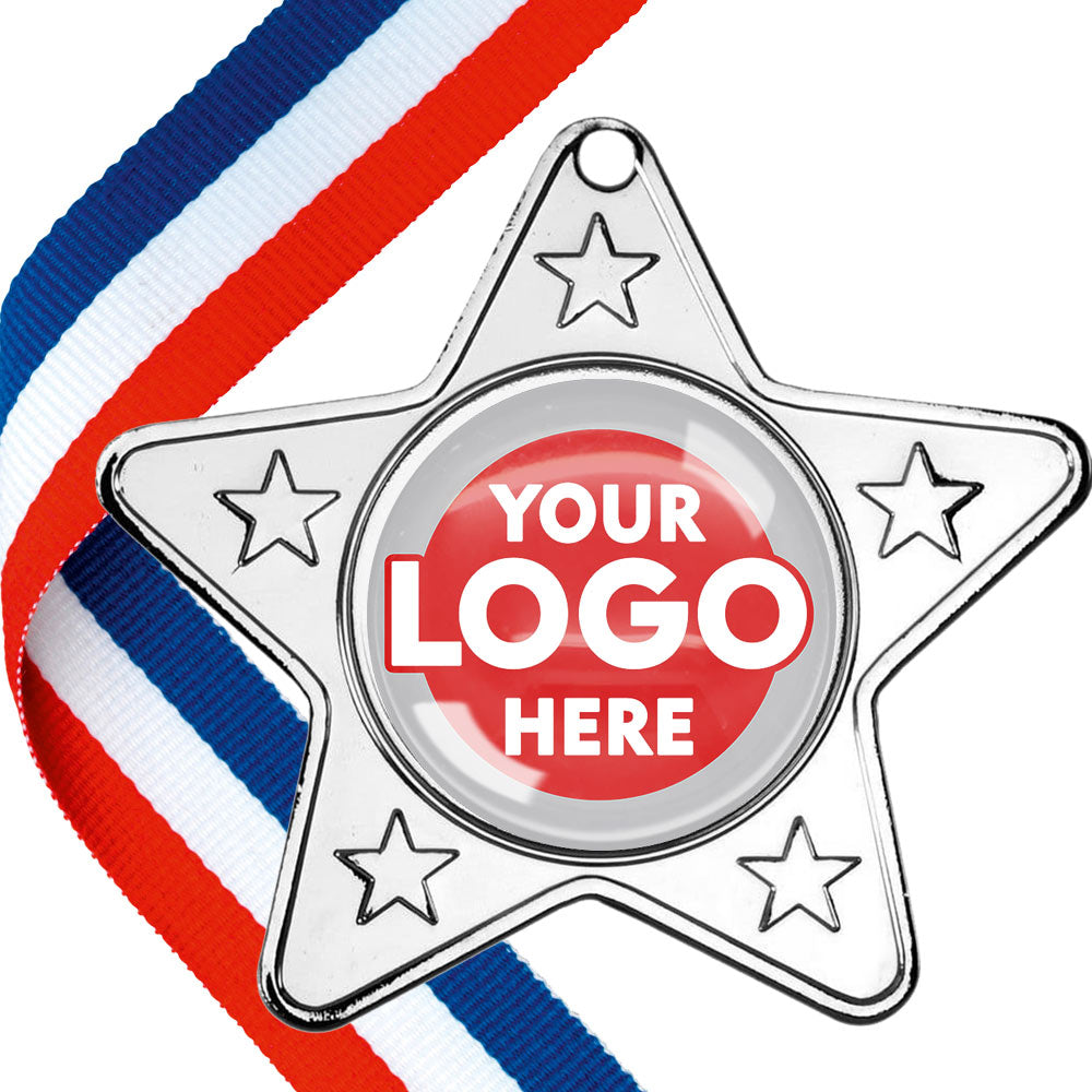 Glossy Gel Star Shaped Medal on a Ribbon with Domed Centre MINIMUM ORDER 100