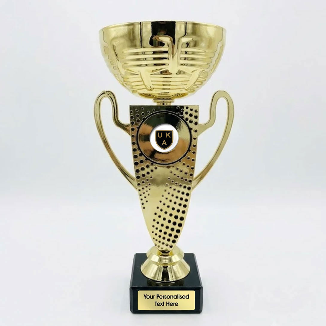 UKA - Gold Cup Trophy with Decorative Trim and Embossed Black Dots