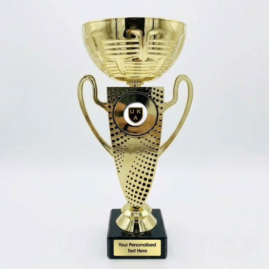 UKA - Gold Cup Trophy with Decorative Trim and Embossed Black Dots