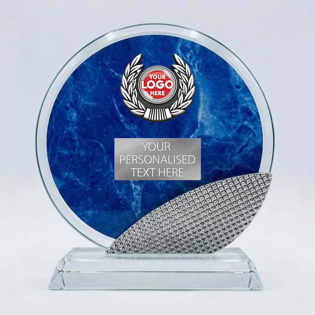 Round Glass Award with Blue Marbled Finish Trimmed