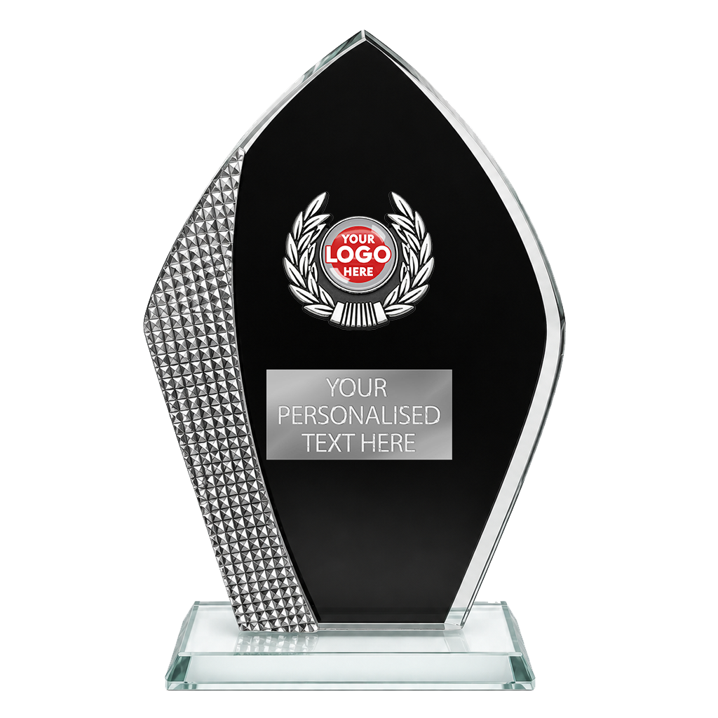 Trimmed Flame-Shaped Glass Award with Black Finish and Silver Diamond Accent