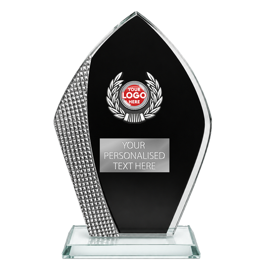 Trimmed Flame-Shaped Glass Award with Black Finish and Silver Diamond Accent