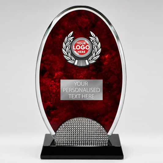 Elegant Oval Glass Award in Burgundy with Ink Cloud Effect with Trim