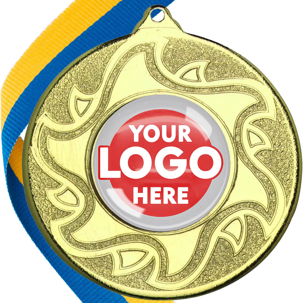 The Glossy Domed 50mm Sunshine Design Medals on Ribbons MINIMUM ORDER 100