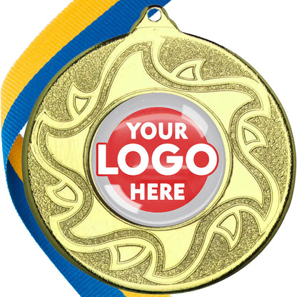 The Glossy Domed 50mm Sunshine Design Medals on Ribbons MINIMUM ORDER 100
