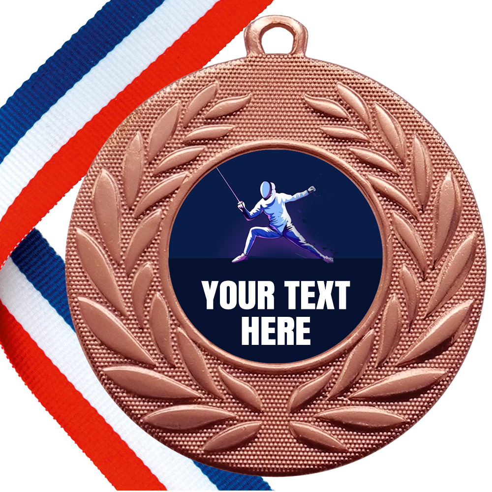 Set of Personalised Fencing Wreath Medals On Ribbons BW Trophies