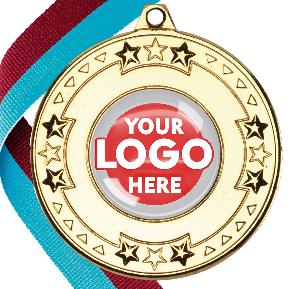 The Glossy gel 50mm Star Edge Medal on a Ribbon