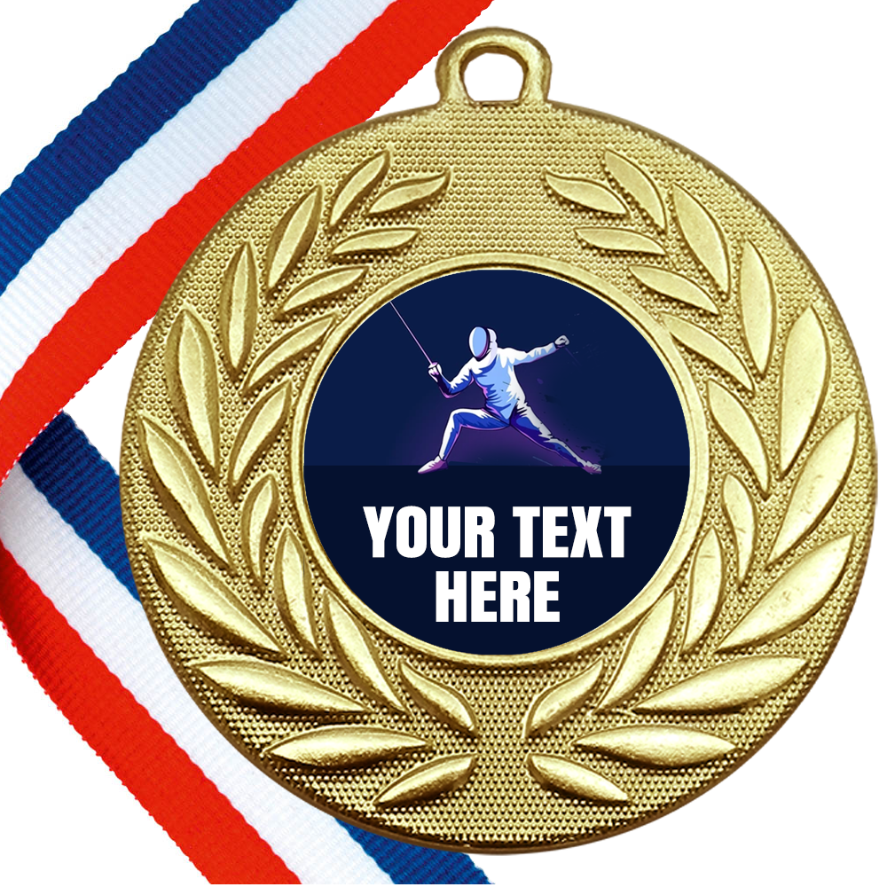 Set of Personalised Fencing Wreath Medals On Ribbons BW Trophies