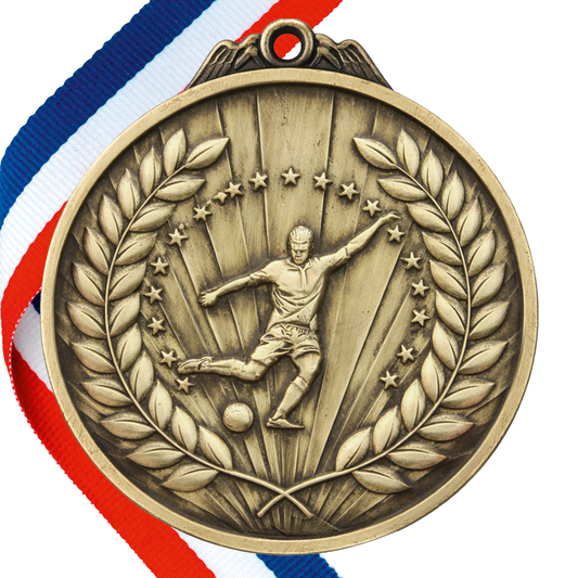 65mm Football Medal on a Ribbon in Antique Gold