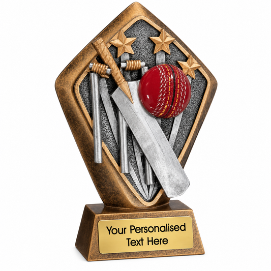 Personalised Cricket Bat, Ball and Wickets Shield Trophy