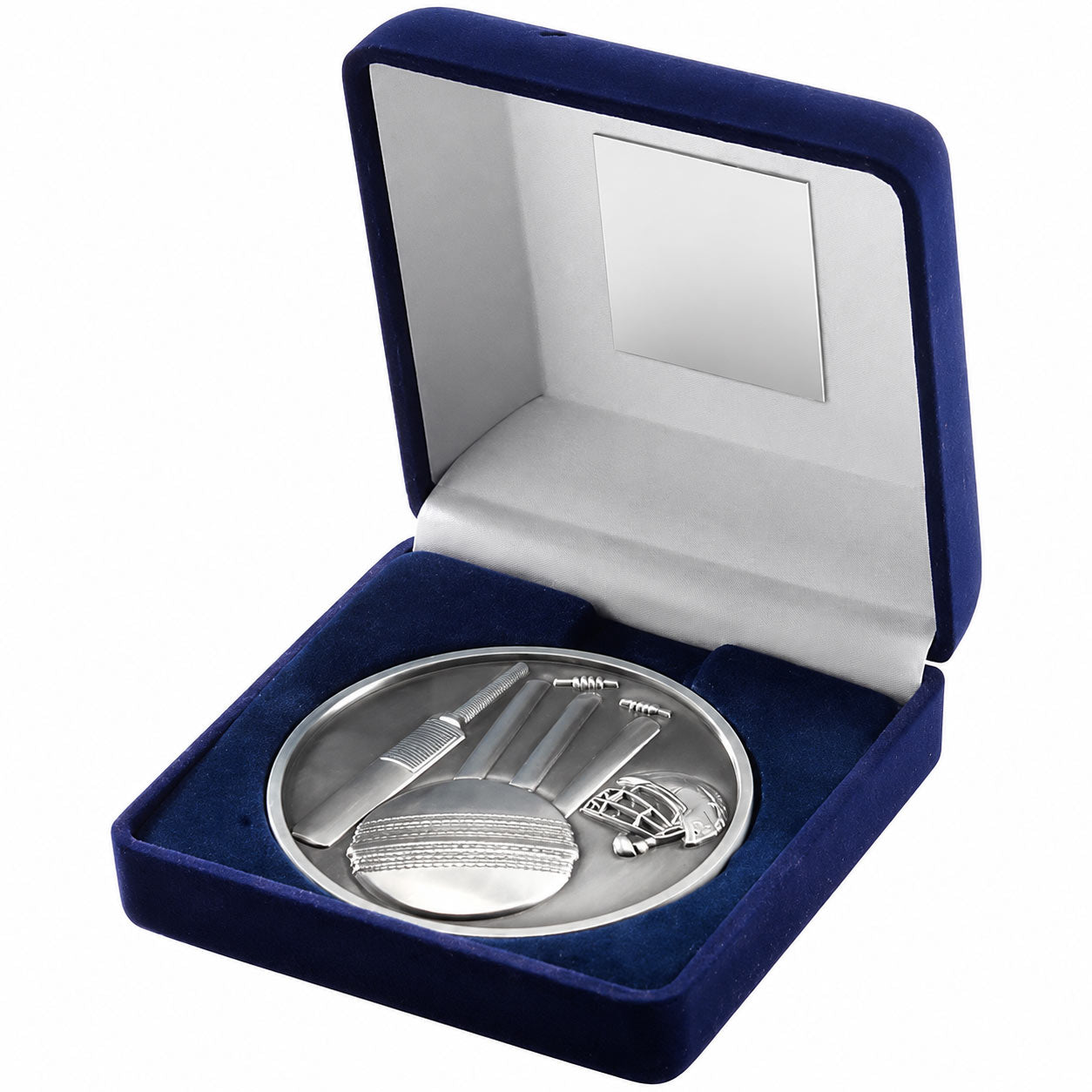 70mm Silver Cricket Medallion in Blue Velvet Presentation Case