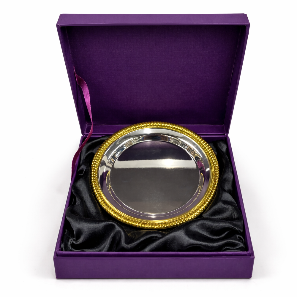 Elegant Engraved Silver Salver with Golden Rim BW Trophies