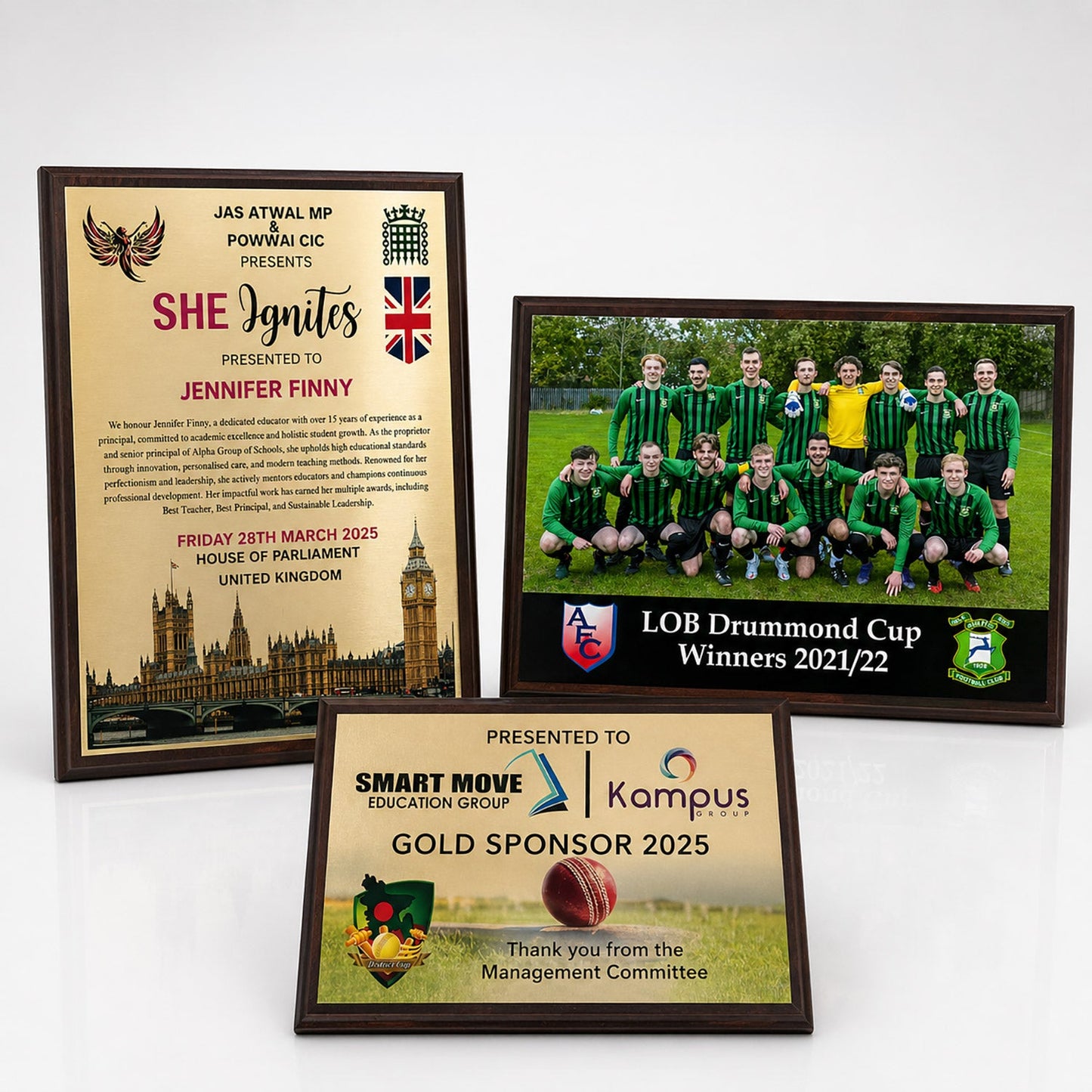 Bespoke printed metal plate on wooden plaque 227mm x 325mm BW Trophies