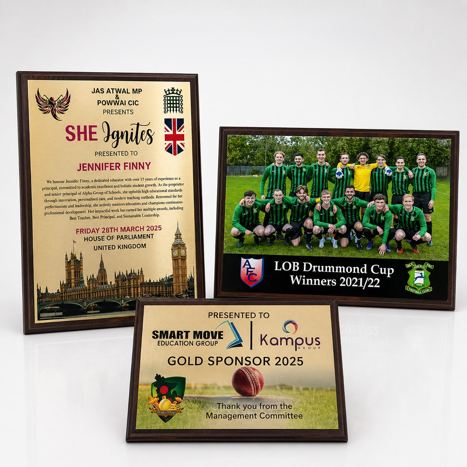 Bespoke printed metal plate on wooden plaque 227mm x 325mm BW Trophies