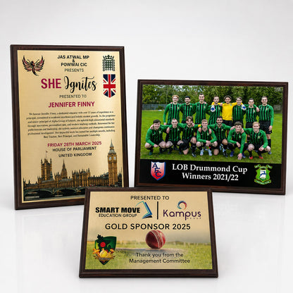 Bespoke printed metal plate on wooden plaque 227mm x 325mm BW Trophies