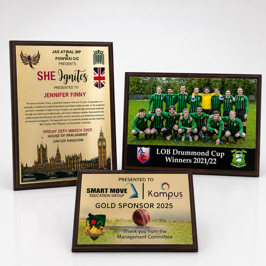 Bespoke printed metal plate on wooden plaque 227mm x 325mm