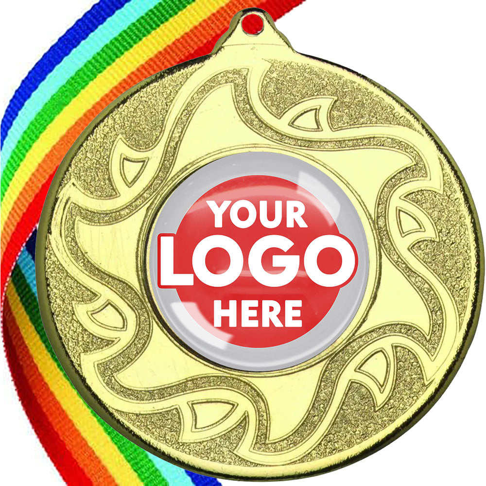 The Glossy Domed 50mm Sunshine Design Medals on Ribbons MINIMUM ORDER 100