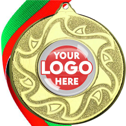 The Glossy Domed 50mm Sunshine Design Medals on Ribbons MINIMUM ORDER 100
