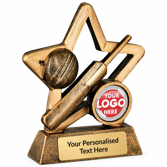 Personalised Cricket Star Trophy with Bat and Ball
