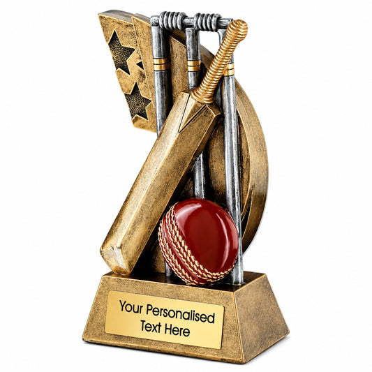 Personalised Cricket Bat, Ball and Wickets Star Swoosh Trophy