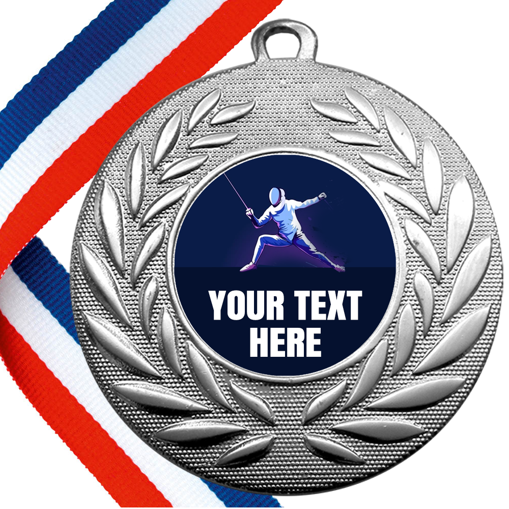 Set of Personalised Fencing Wreath Medals On Ribbons BW Trophies