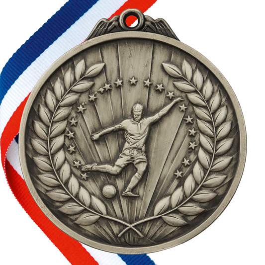 65mm Football Medal on a Ribbon in Antique Silver