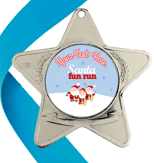 Santa Fun Run Star Medals Snow Design with Flat Centre