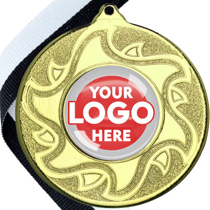 The Glossy Domed 50mm Sunshine Design Medals on Ribbons MINIMUM ORDER 100