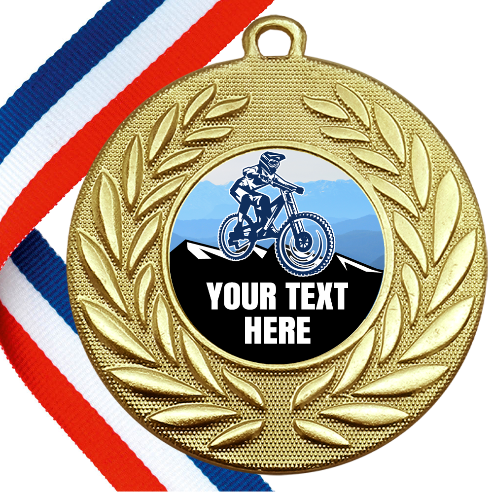 Set of Personalised Mountain Bike Wreath Medals On Ribbons BW Trophies