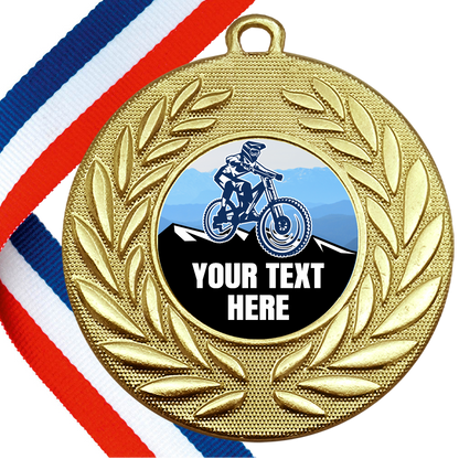 Set of Personalised Mountain Bike Wreath Medals On Ribbons BW Trophies
