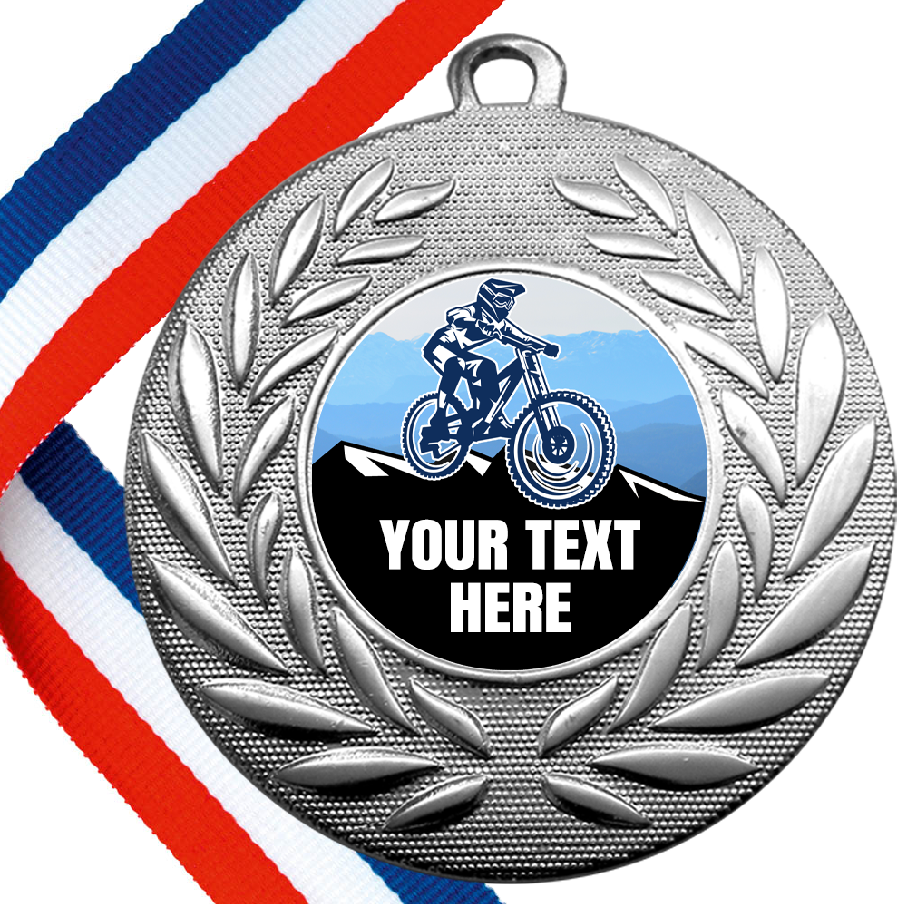 Set of Personalised Mountain Bike Wreath Medals On Ribbons BW Trophies